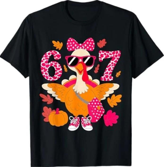 6 7 Thanksgiving Leopard Bow Turkey six Seven Meme T-Shirt