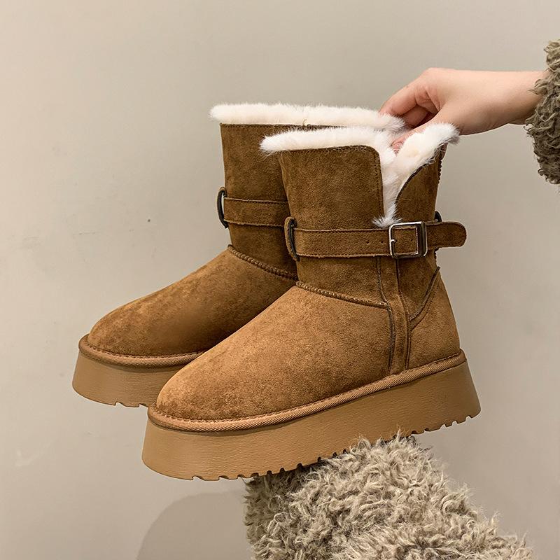 Autumn and Winter Plush Thickened Soles Can Only Be Blamed for One Pedal Belt Buckle Warm Snow Cotton Boots Casual Women's Cotton Shoes
