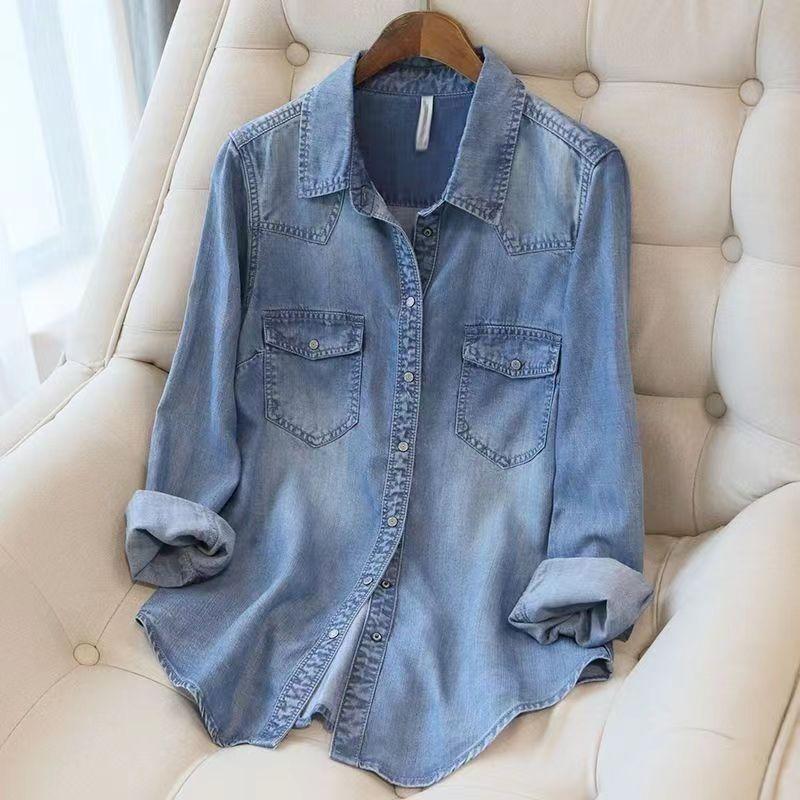 Women Fashion Blue Shirts Autumn Casual Long Sleeve Solid Blue Cotton Spring