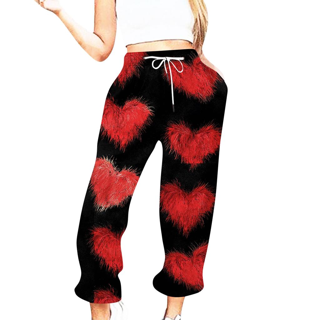 Женская повседневная мода День святого Валентина Повседневные брюки с принтом Спортивные брюки Брюки с эластичной резинкой на талии со шнурком Брюки со шнурком