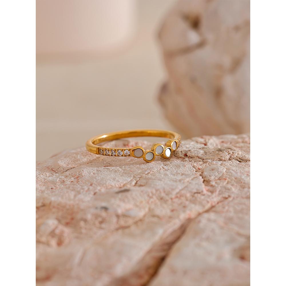 Yhpup Stainless Steel Natural Shell Zircon Thin Fashion Finger Ring Waterproof Gold Color Premium Jewelry
