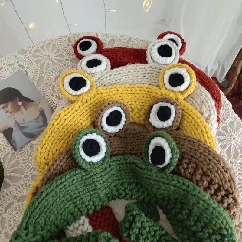 Knitted cute hat frog eyes hood wool hat female tide autumn winter warm earmuffs ear protection woven hat