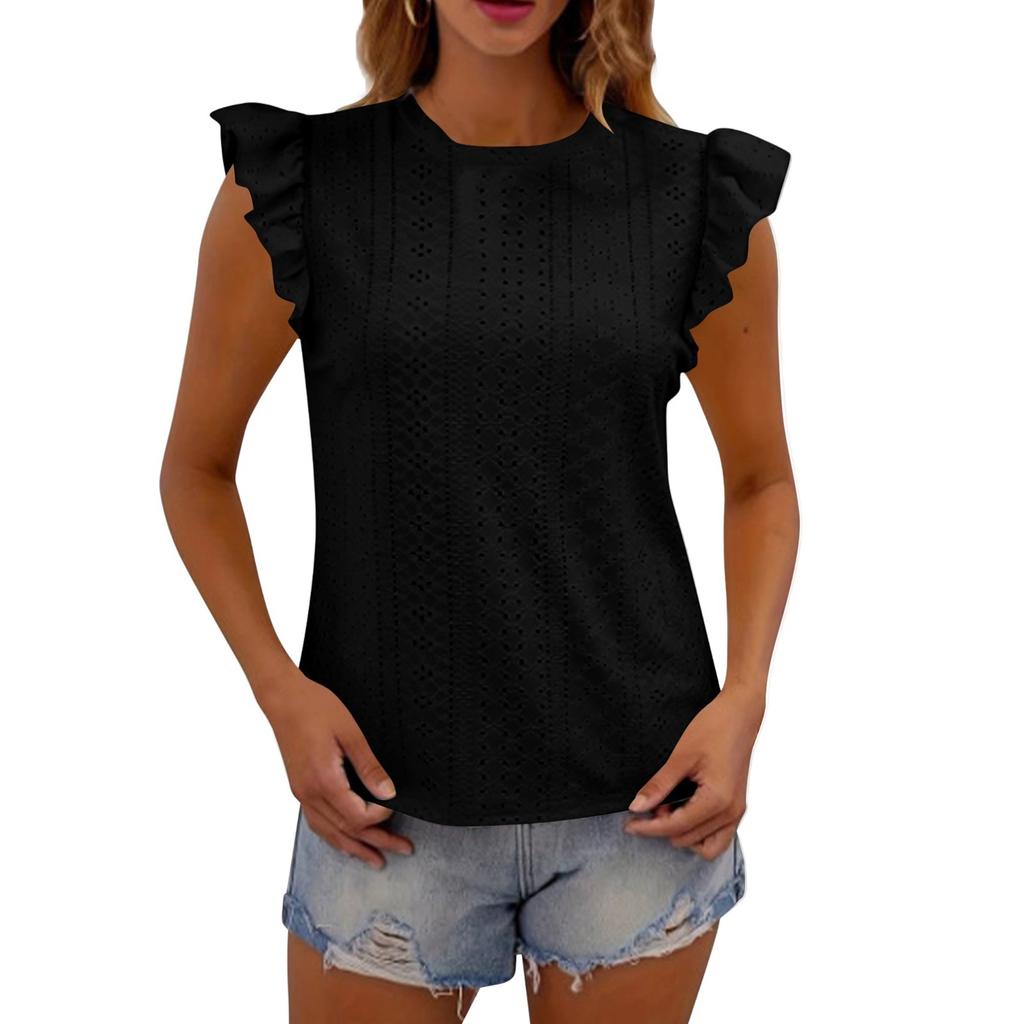 Женская летняя рубашка свободного кроя с коротким рукавом и круглым вырезом для отдыха на лето с люверсами и повседневными вещами
