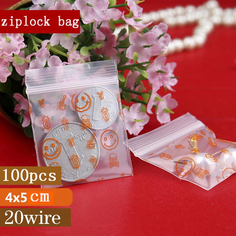100 шт./лот, 4x5 см, сумки с замком, прозрачные пластиковые пакеты на молнии с принтом для хранения продуктов, упаковка для ювелирных изделий, сумки