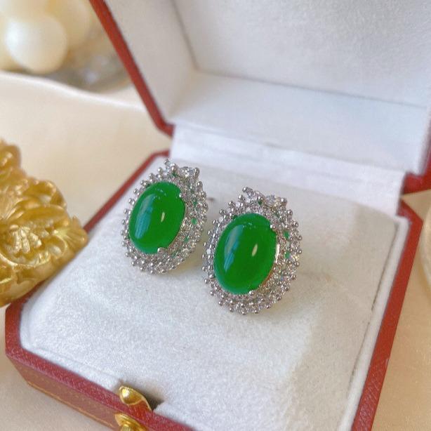 Chalcedony emerald oval malay jade Korean version simple full of zirconium imitation jadeite green jade necklace stud earrings set female