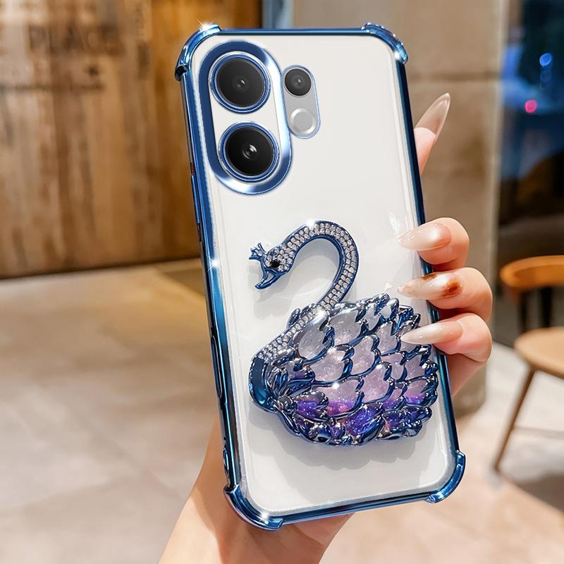 KEYSION Противоударный чехол с гальваническим покрытием для VIVO V60 5G Прозрачный Мягкий ТПУ Блестящий Инкрустированный стразами Лебедь подставка Задняя крышка для VIVO V60