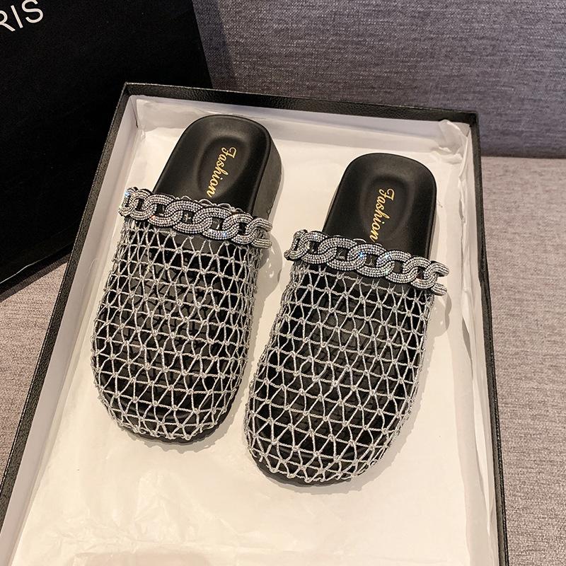 Модные летние женские шлепанцы, плоские, дышащие, с круглым носком, со стразами, женские мюли, сетчатые, модные, для улицы, пляжная обувь, Zapatillas De Mujer