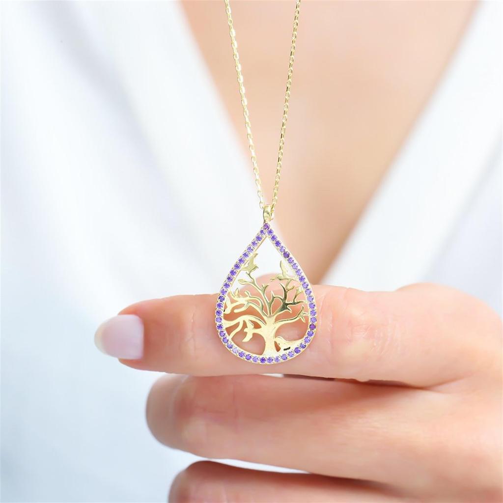Amethyst Purple Tree of Life Gold Color Silver Necklace