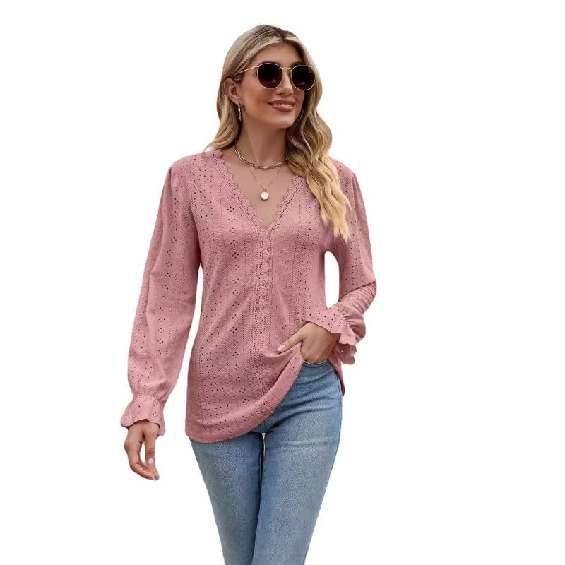 Autumn Winter Solid Color Lace Patchwork V-neck Long Sleeved Loose T-shirt Top Blouses & Shirts
