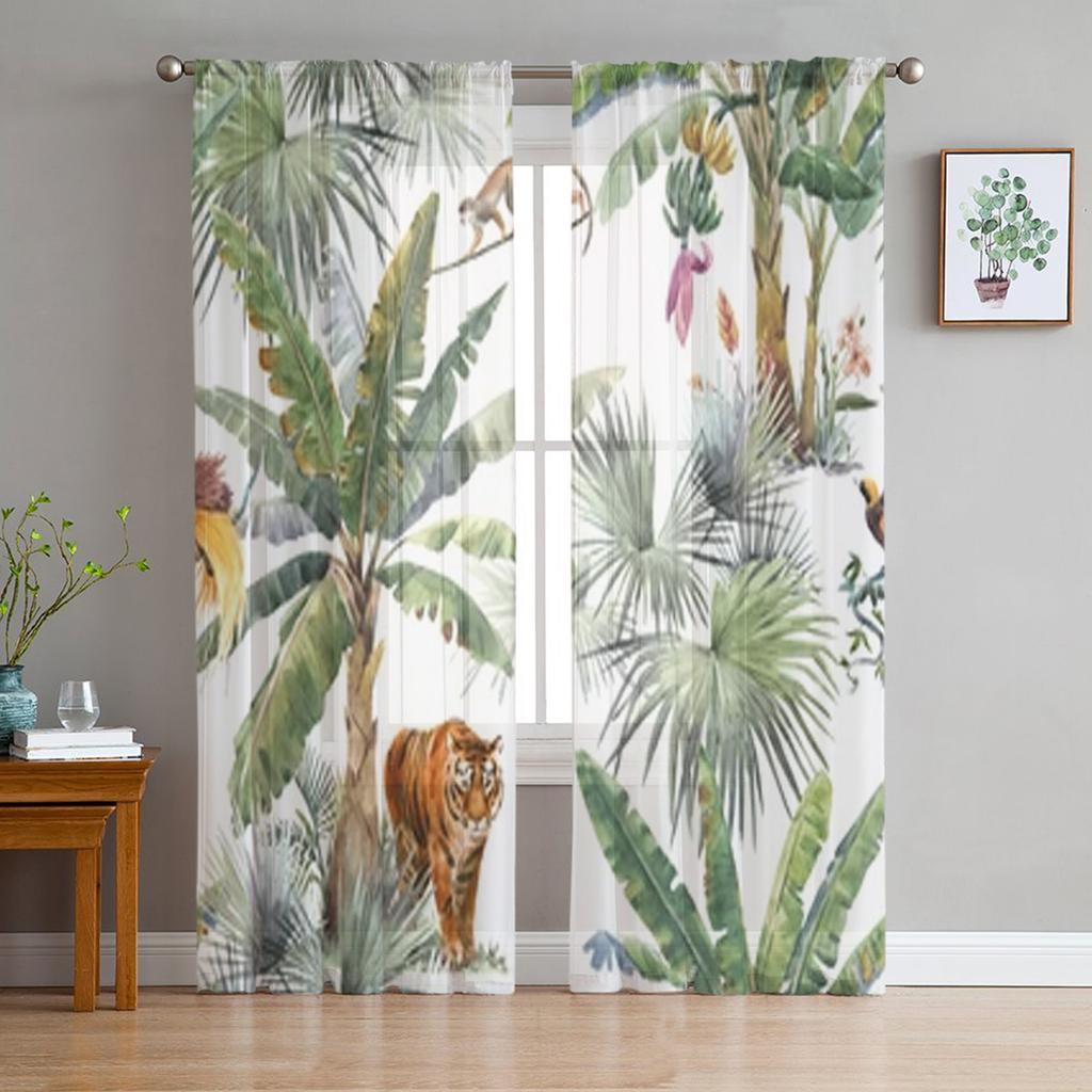 Jungle Tropical Safari Animal Elephant Sheer Window Curtains For Living Room Bedroom Voile Tulle Curtains Drapes For Kitchen