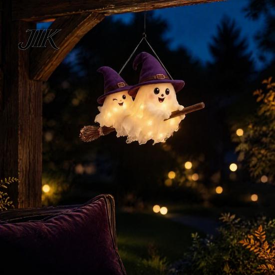 Fantasy Texture Broom Ornament Lighted Ghost Hanger, Cute Glowing Halloween Hanging with Warm LED Lights, Cozy Fall Holiday Gift Luminous Witches Hat