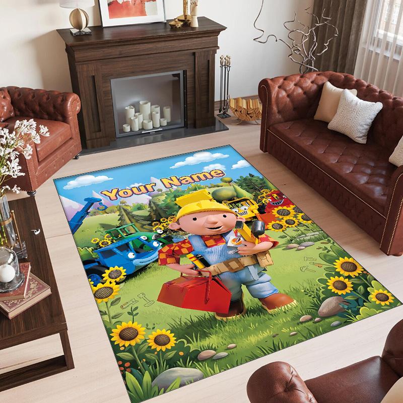 Personalized Crystal Velvet Carpet Custom Name Text,Bob the Builder Anti Slip Area Rug For Home Decoration