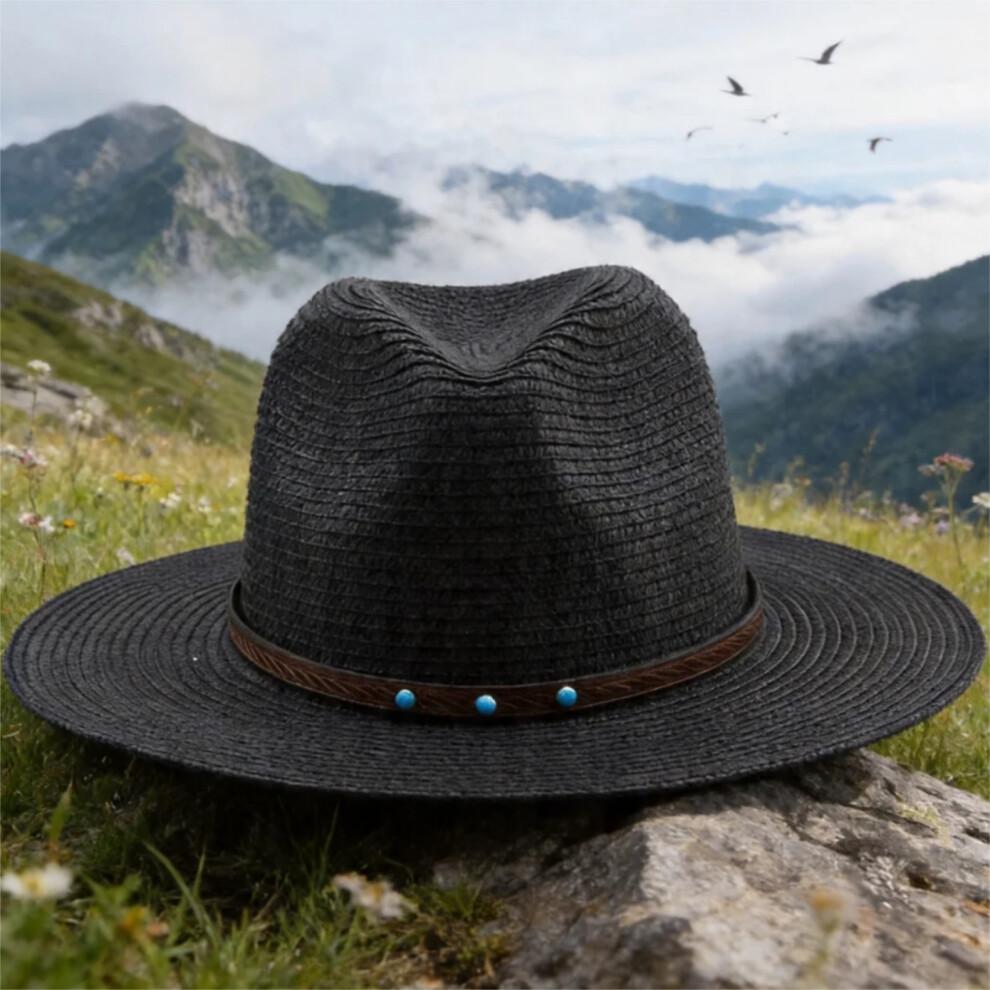 (One Size, Black) Men Straw Panama Hat, Wide Brim Sun Hat Lightweight Summer Top Hat for Outdoor Beach