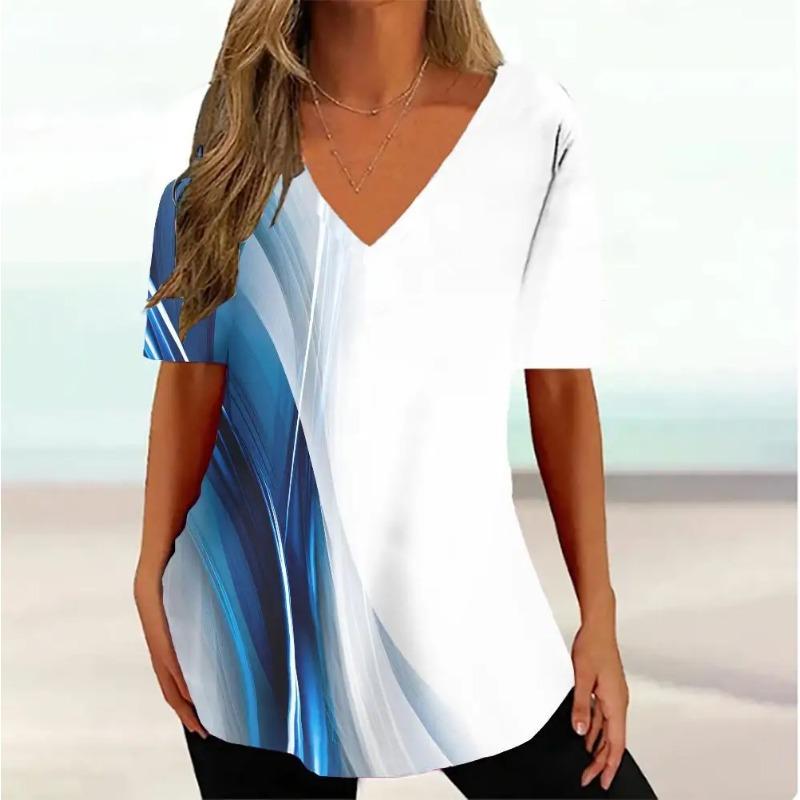 Plus Size Simple Women's T-shirt 3d Wave Curve Tee Fashion V-neck Summer Short Sleeve Loose Streetwear Female Clothes Casual Tshirt Ladies