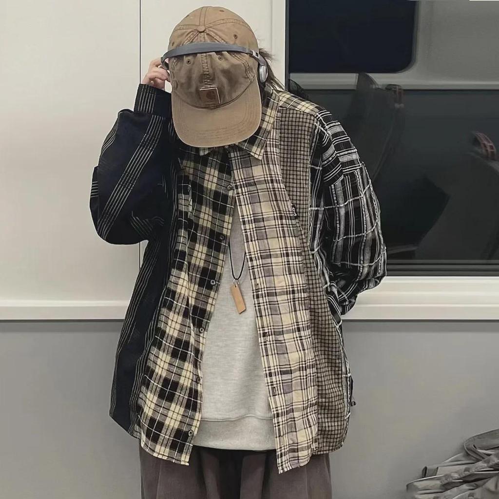 Мужская клетчатая рубашка в стиле ретро с длинным рукавом — американский уличный стиль, вдохновленный японской культурой, идеально подходит для весны и осени.