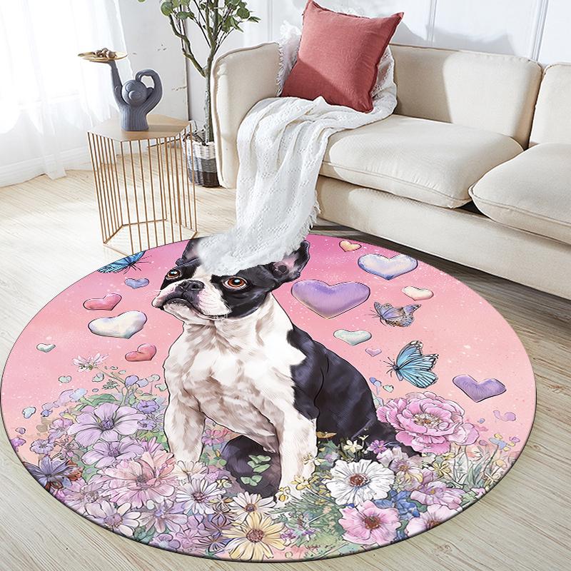 Cute Boston Terrier pattern round rug,Carpet Rug for Living Room Bedroom Playroom ,Non-slip Floor Mat,Holiday Gifts and Birthday Gifts.