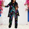 Women Plus Size Round Neck Long Sleeve Printed Layered Top Long Pants Two Piece Set