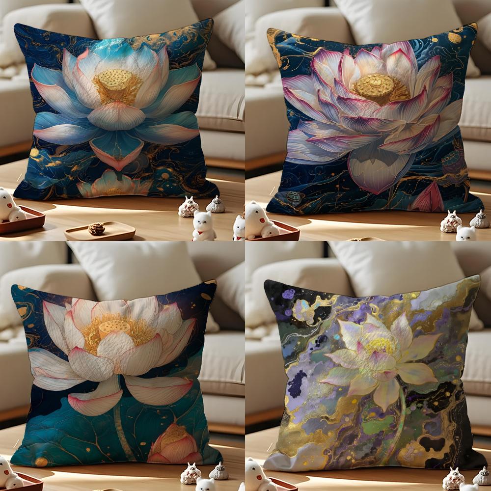 Fashion Lotus Cushion Cover Anti-dustmite Pillowcase Invisible Zipper Silky Short Plush Sofa Cushion Cover