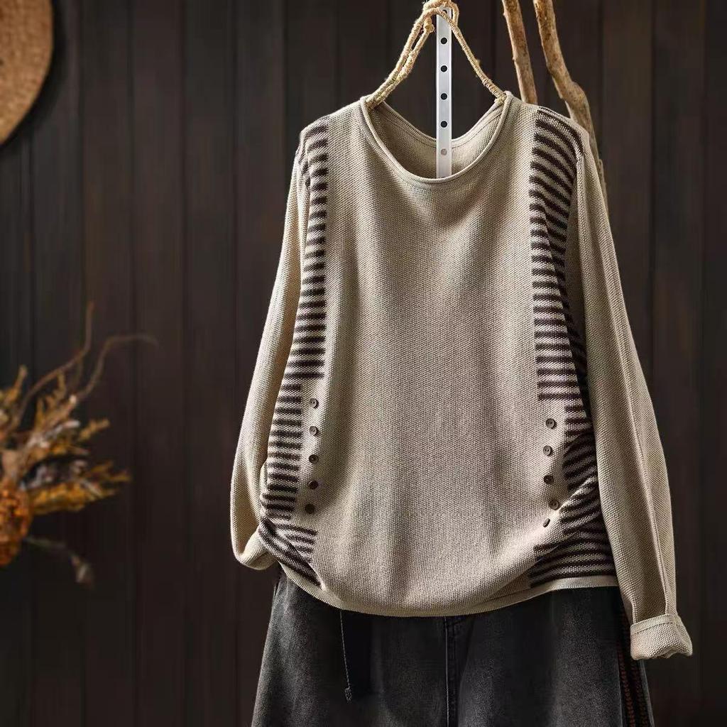 2026 Autumn New Simple Color Block Knit Sweater - Distressed, Loose, Round Neck Pullover