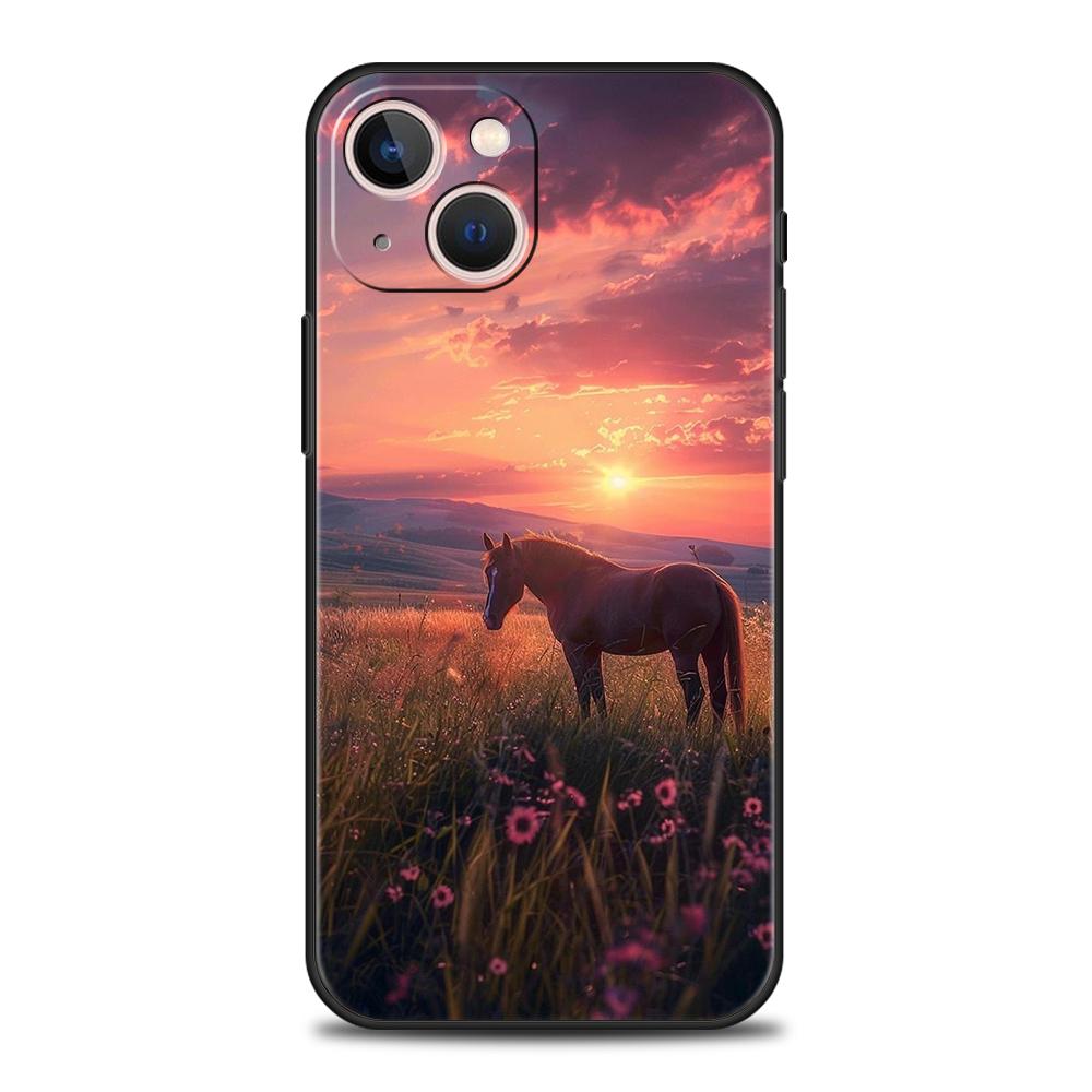 Роскошный мягкий чехол из ТПУ для iPhone 16 11 15 14 Pro MAX 12 13 7 8 Plus X XR XS SE 2022 Черный чехол Лошадь Животное