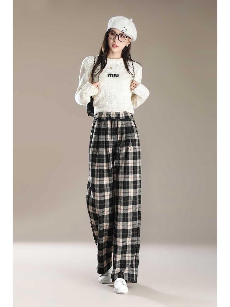 Women's Retro Wool Plaid Velvet-Lined Wide-Leg Pants