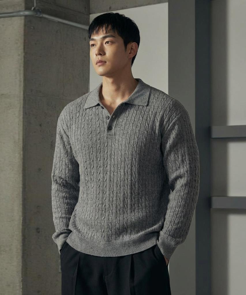 BOASTFIT Semi-Muscle Fit Cable Collar Neck Long Sleeve Knit