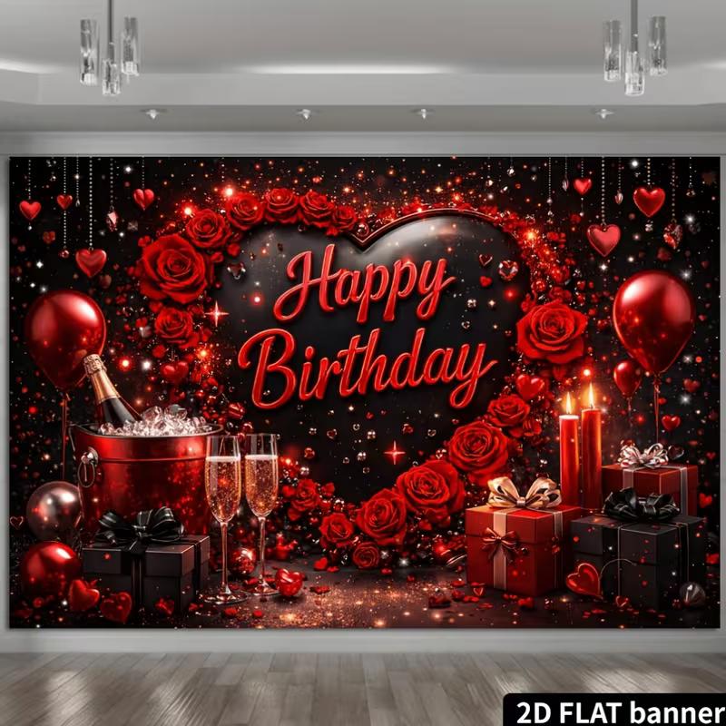 2D Red Black Happy Birthday Backdrop with Roses & Champagne