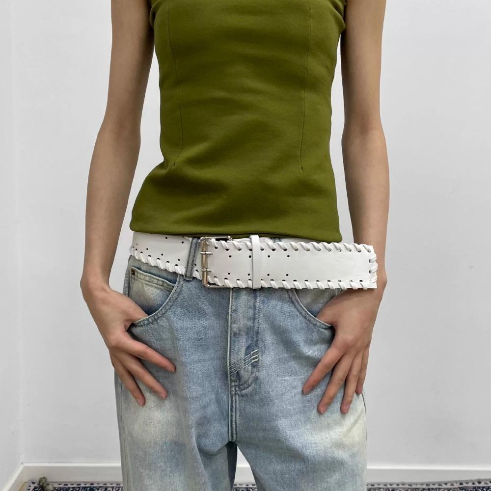 Y2k PU Leather Waistband Woven Western Cowboy Belt Fashion Women Wide Belt  Spicy Girl