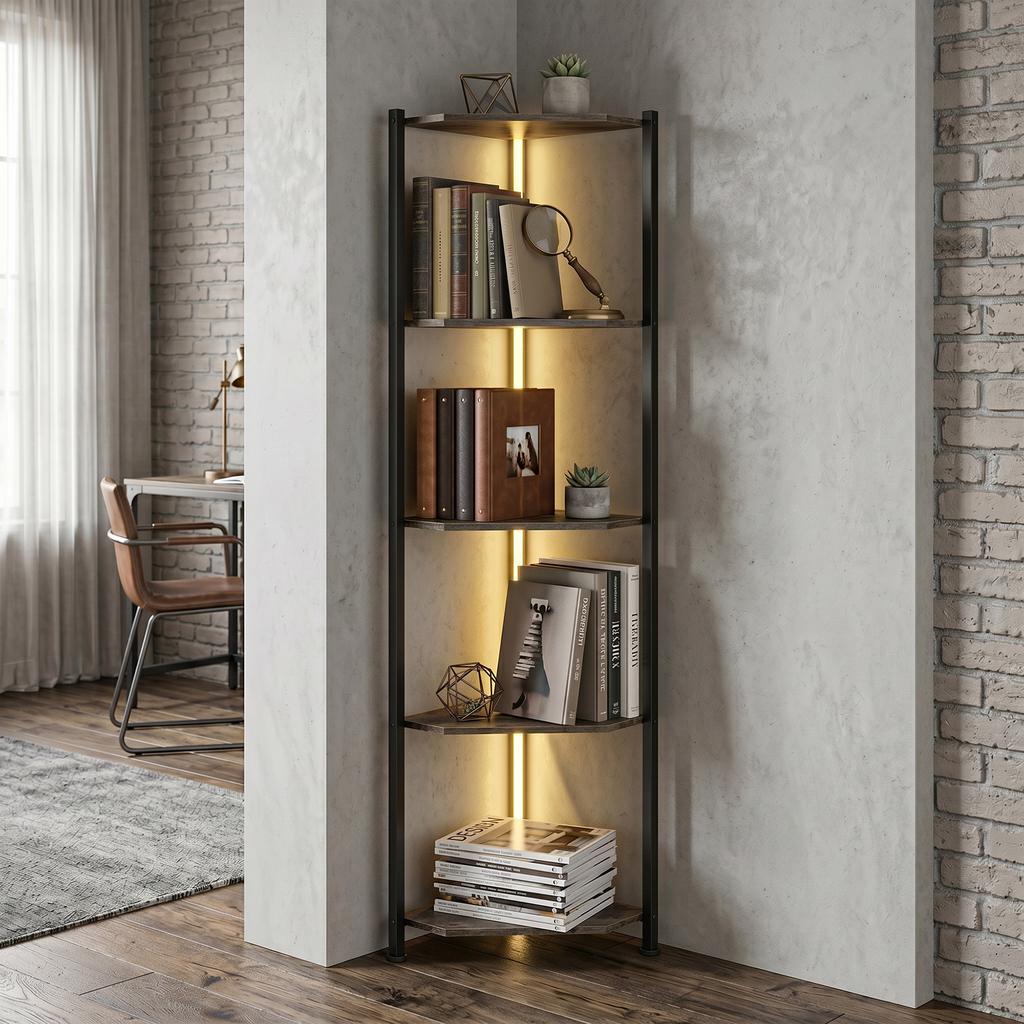 Bookshelf 5-Tier Corner Shelf with LED Lighting for Living Room, Bedroom, Office, Rustic Brown