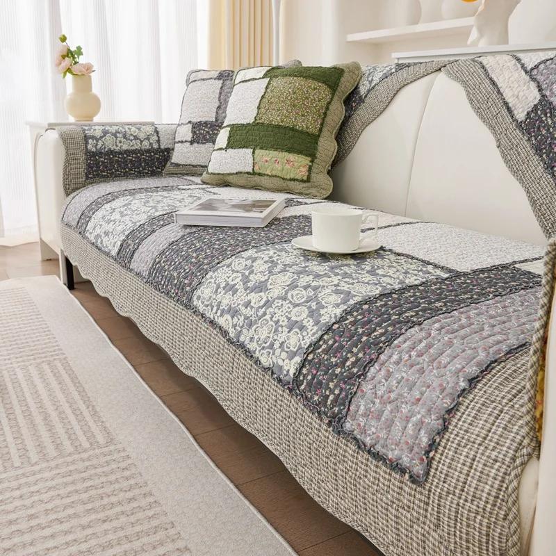 Подушка для дивана из хлопка Four Seasons Universal Splicing Pastoral Style Couch Подушка для дивана Трехцветная деревянная кромка для ушей Нескользящий чехол для дивана