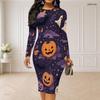 Women Plus Size Dark Purple Round Neck Long Sleeve Halloween Printed Bodycon Midi Dress