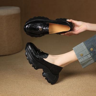 Туфли-лоферы на толстой подошве с круглым носком и бантом на каблуке, новинка весны 2025 года, женские, из овчины, на платформе «маффин», маленькие кожаные туфли с камелией