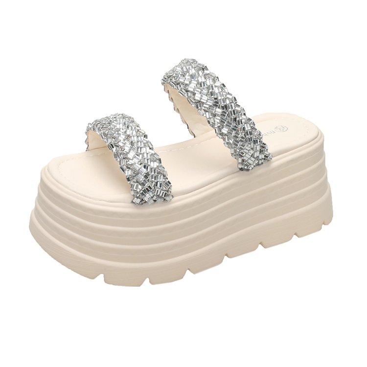 Мода Новые 8 см Летние Женские Шлепанцы Вьетнамки Женские Пляжные Блестящие Туфли Обувь на Танкетке Обувь Женщина Высокая Платформа Шлепанцы Уличные Сандалии