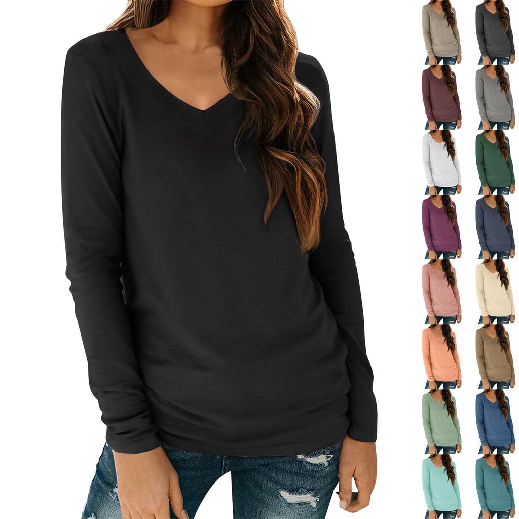 Womens Long Sleeve V Neck Shirts Basic Tee Casual Top Fall Trendy Tunic Outfits Fitted T Shirts