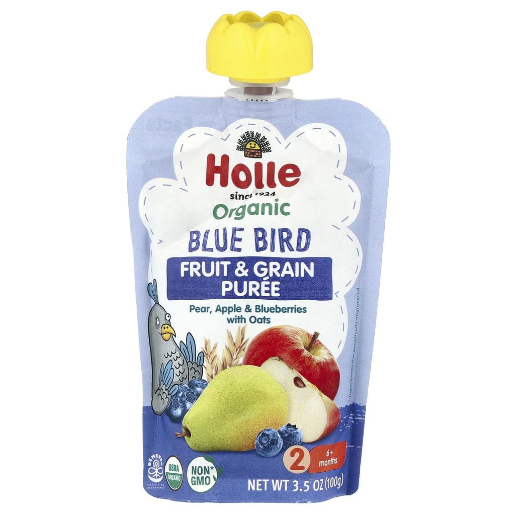 Holle Organic Fruit and Grain Puree, Bluebird, 6+ Months, with Pear Apple and Blueberry, Oats, 3.5 Oz (100 G)