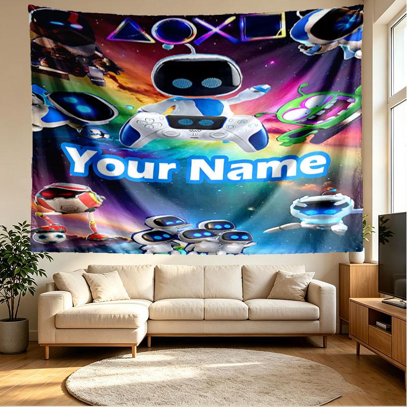 Custom Name Personalized Cosmic Bot Crew Print Tapestry, Wall Art Decor, Bedroom, Dorm, Apartment, LivingRoom, Party Backdrop, Gift for Birthday