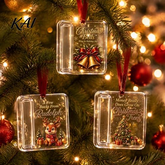 Christmas Tree Ornaments 3 Pcs Cash Gift Ornament, Acrylic Money Holder for Cash, Clear Party Favors Xmas Hanging Decoration, Holiday Gifts
