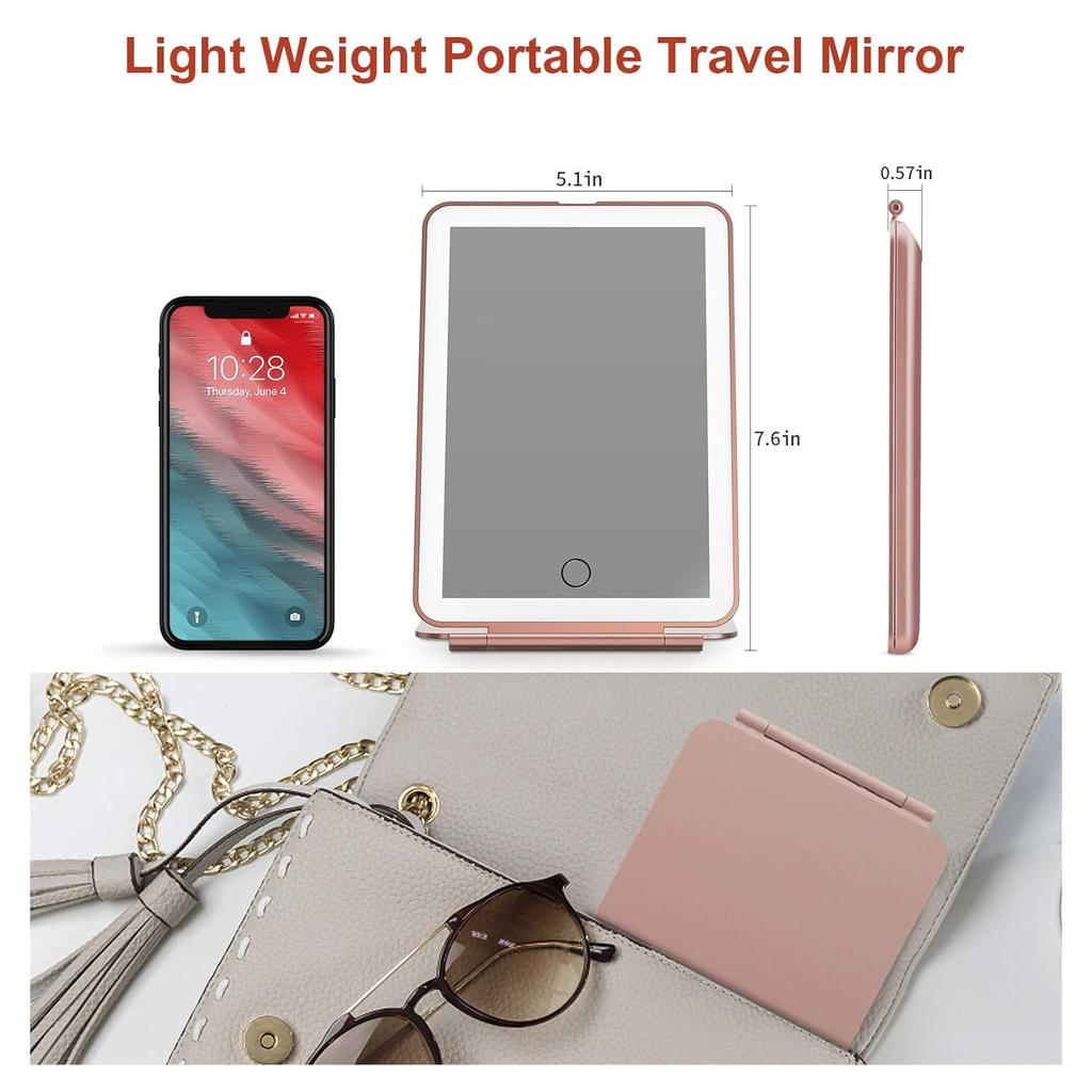 Светодиодное складное дорожное зеркало для макияжа, 3 режима освещения, USB-зарядка, сенсорный экран, портативное настольное косметическое зеркало РОЗОВОГО ЦВЕТА