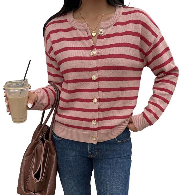 Womens Long Sleeve Christmas Knit Cardigan Sweater Red Striped Casual Winter 2026