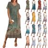 Women's Summer Floral Print Dress Short Sleeve Beach Dress With Pocket Casual V-neck Hem Side Slit Dress