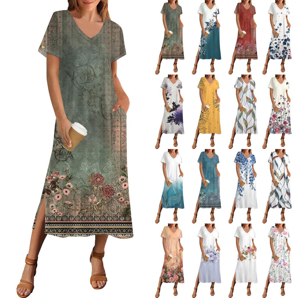 Women's Summer Floral Print Dress Short Sleeve Beach Dress With Pocket Casual V-neck Hem Side Slit Dress