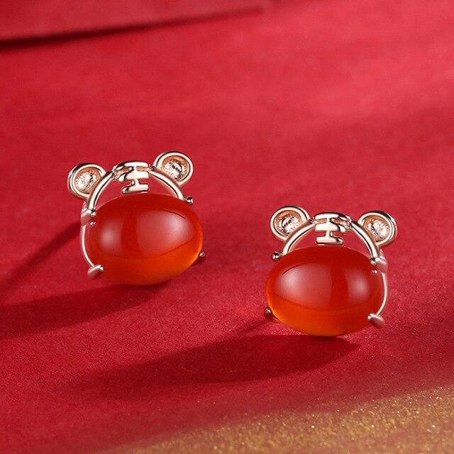 Chinese Style Original New Year Of The Tiger Zodiac Earrings Female S925 Sterling Silver Niche Design Red Agate Women Earrings