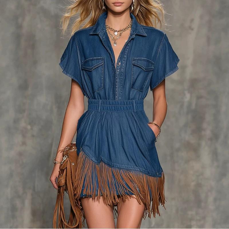 Western Style Asymmetric Hem Fringe Denim Mini Dress Blue High Waist Slim Fit 2026