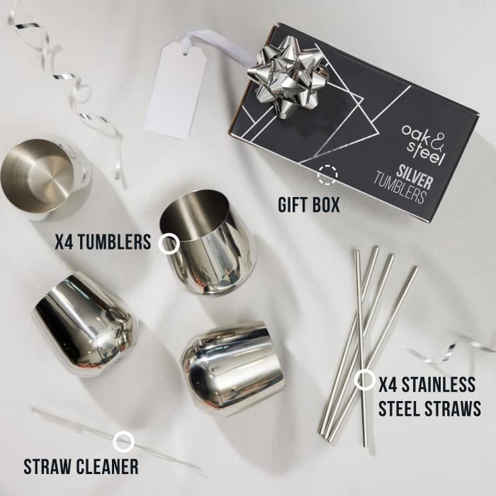 Verres à vin sans pied - oak &amp; steel - acier inoxydable - 350ml - inclus 4 pailles et 2 brosses