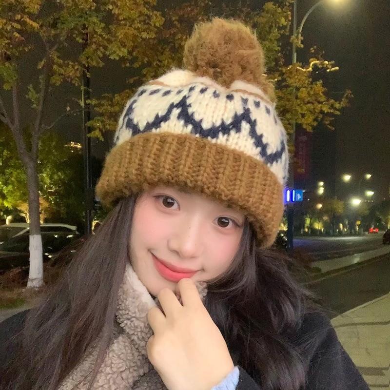 ins retro Maillard wool hat women's autumn and winter warm ear protection casual cold hat hairball thick thread knitted hat