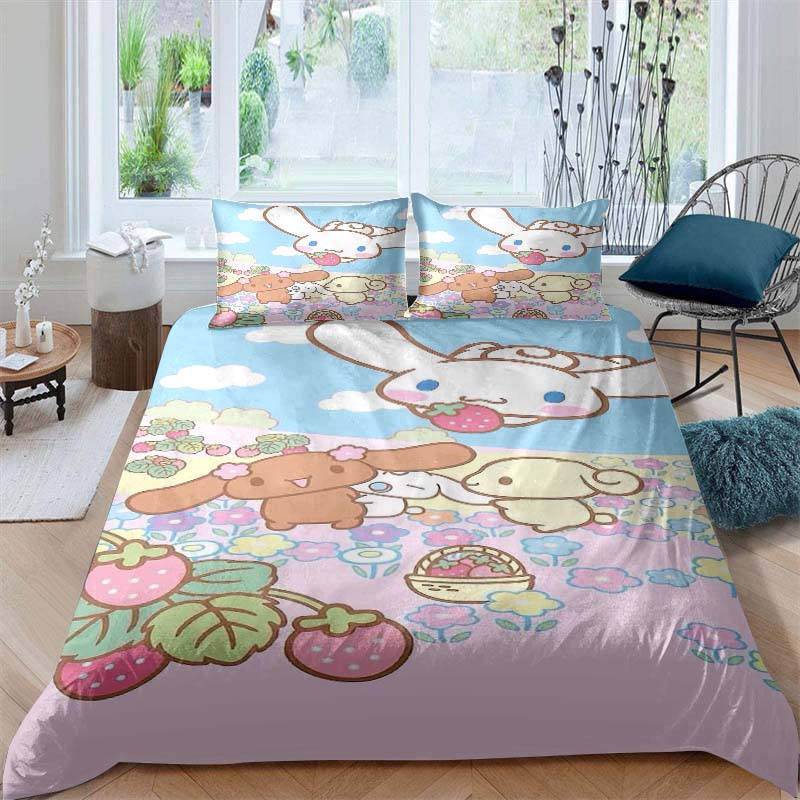 3D printed cartoon Cinnamoroll themed three-piece bedding set, including duvet cover and pillowcases, a perfect holiday gift.