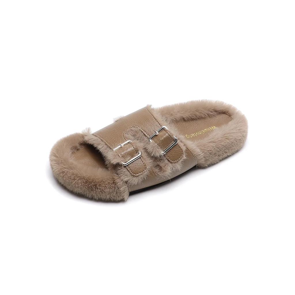 2024 Autumn Woman Faux Wool Insole Flat Slippers Brown Round Head Open Toe Slingback Slippers Female Casual Plush Fur Slippers