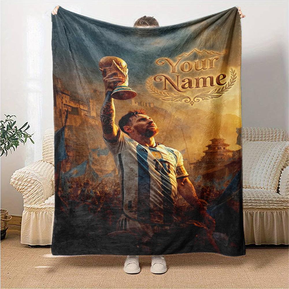 Football Messi Personalized Text Blanket Multi-purpose Personalized Blanket Soft & Cozy Perfect for Living Room Office Couch Bedding