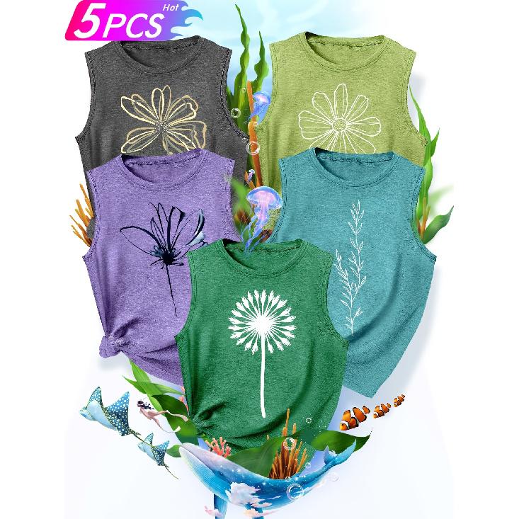 Five-piece set of sister and best friend outfits with plant-themed dandelion leaf and flower prints, fashionable retro style women's summer casual