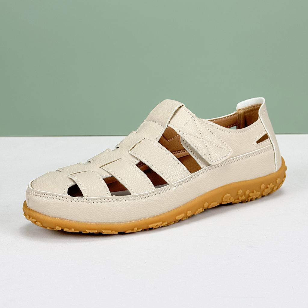 Plus Size Summer Women Sandals Solid Color Light Open-Toe Breathable Flats Non-Slip Soft Leather Walking Nurse Mom Shoes Outdoor